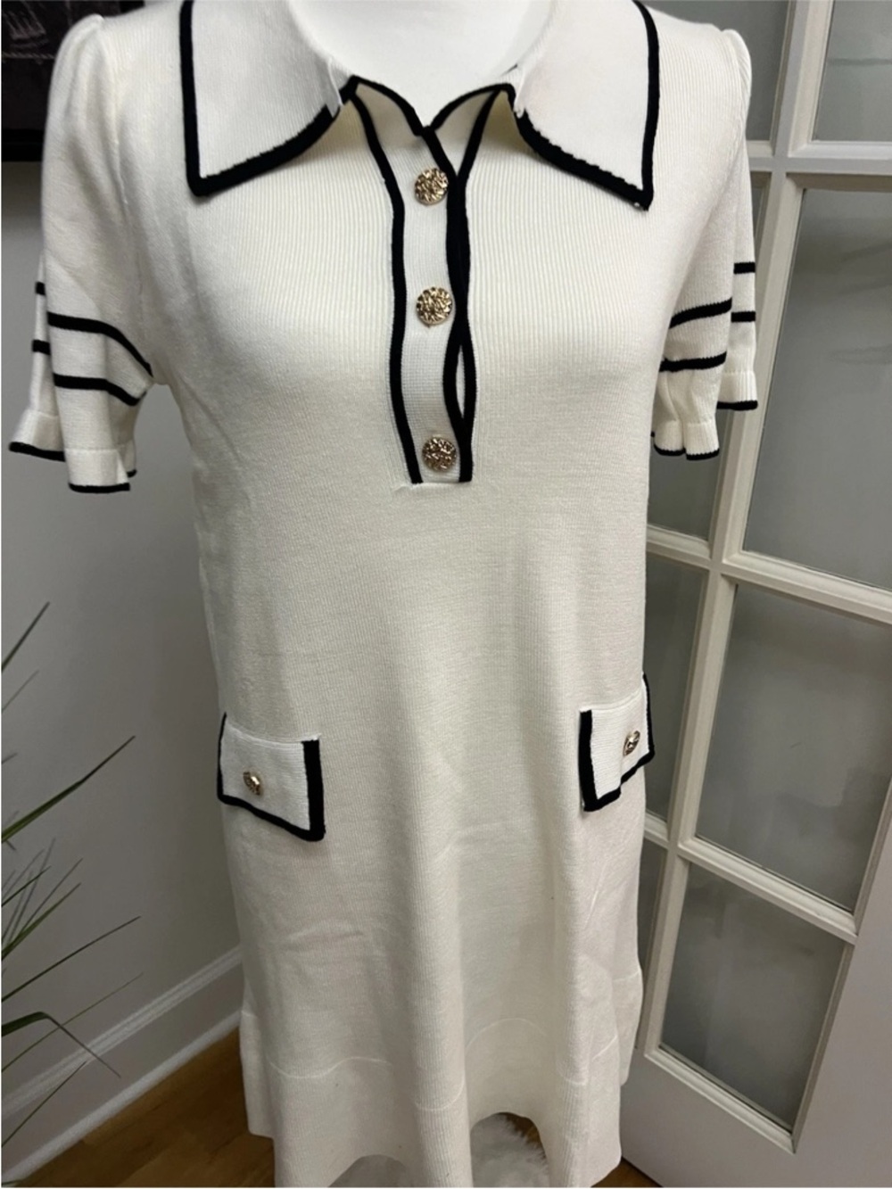 Cream Knit Polo Dress with Black Trim